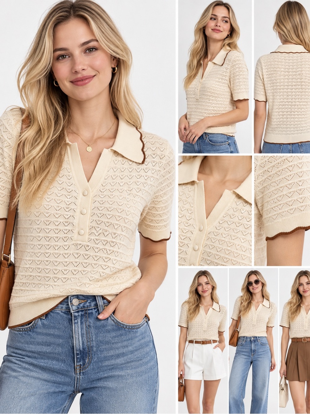 Adrianna Papell Cream Pointelle Knit Polo S with Brown Trim